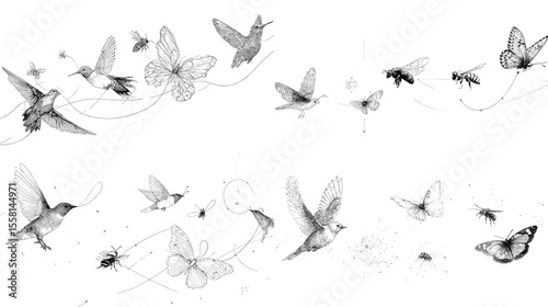 Elegant pencil drawings of birds, butterflies, and insects in motion. Perfect for nature art, wildlife prints, and botanical or zoological illustrations.

