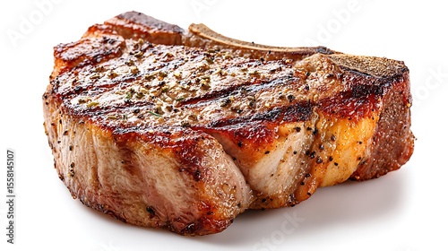 well-done steak of pork or beef presented on a white backdrop, perfect for grilled food advertisements, kitchen visuals, and meal preparation shots 