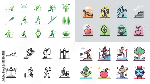 Modern icon set of health, fitness, and wellness activities including exercise, nutrition, and lifestyle habits. Great for app design, infographics, and healthcare branding.

