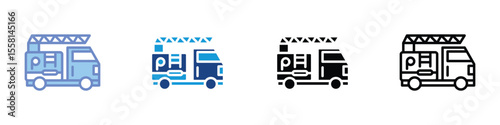 Fire Truck Icon Set – Emergency Rescue Vehicle with Ladder Illustration in Line, Glyph, Flat, and Duotone Style