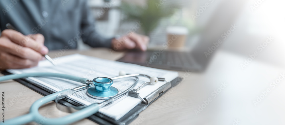 Fototapeta premium Health insurance concept. Healthcare and medical care. Life insurance policy. Medicine, Hospital, Stethoscope, Doctor. Patient business. Healthcare expense.