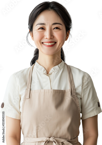 middle aged woman smiling with apron. chef in kitchen