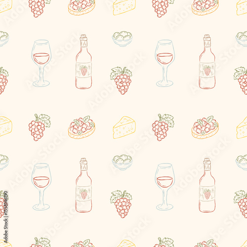 Seamless vector pattern with hand drawn Italian food elements: wine, grapes, cheese, bruschetta, olives in pastel colors. Line art vintage wallpaper for restaurant, kitchen textiles, menu, wrapping.