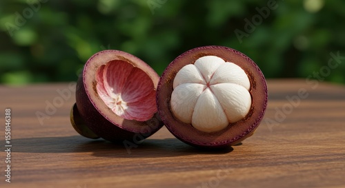 Fresh and Juicy Mangosteen Fruit Halved on Wooden Surface with Lush Green Background