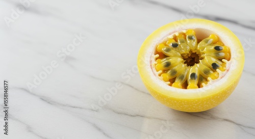 Fresh and Vibrant Slice of Yellow Passion Fruit on Marble Background, Displaying Juicy Seeds and Unique Texture