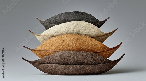 Stacked dried leaves in various autumnal tones against a neutral background.
