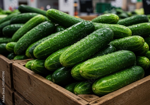 Fresh Green Cucumbers with Water Droplets in a Wooden Crate at a Market Setting Perfect for Healthy Eating and Culinary Use