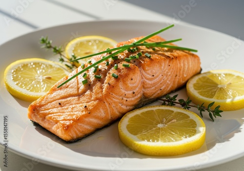Fresh Grilled Salmon with Lemon Slices and Herbs on a White Plate for Healthy Meal Presentation
