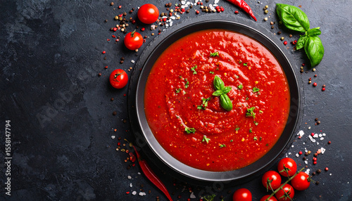 Food Background Red Soup with Spices with Copy Space