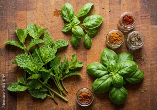 Fresh Herbs and Spices with Basil and Mint on Wooden Table in Culinary Setting