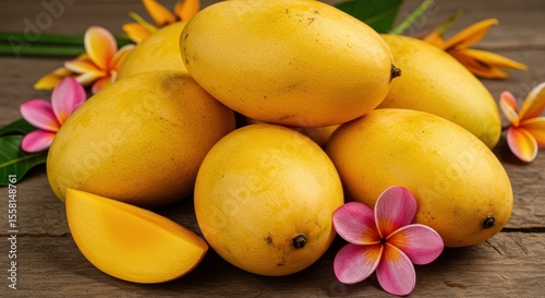 Fresh Ripe Mangoes with Vibrant Tropical Flowers and Green Leaves on Rustic Wooden Background