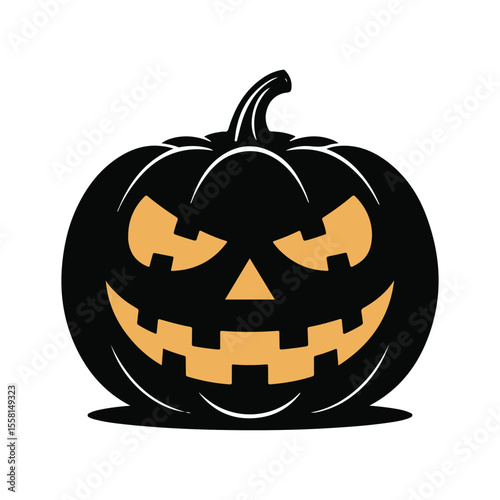 A carved black jackolantern with orange glowing eyes