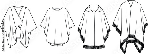 Poncho Cape Shawl Kimono Flat Fashion CAD Vector Top View Technical Drawing