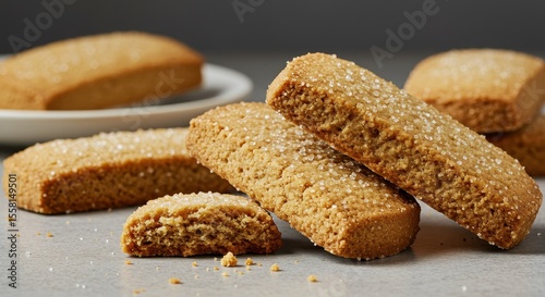 Freshly Baked Crisp Cookies on a Gray Background with a Plate of Treats in the Background