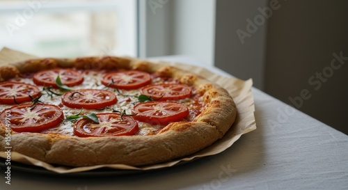 Freshly Baked Tomato and Basil Pizza on a Wooden Serving Board Next to a Sunlit Window