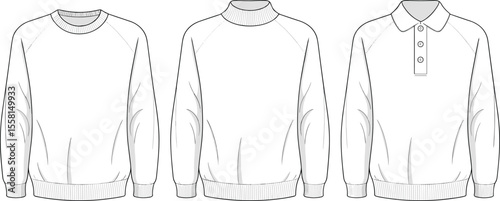 Raglan Crewneck Mockneck Polo Sweater Flat Sketch Fashion CAD Vector Top View