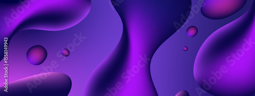 Purple fluid shapes and small spheres, ideal for science, technology, and abstract design projects needing a modern and dynamic touch.