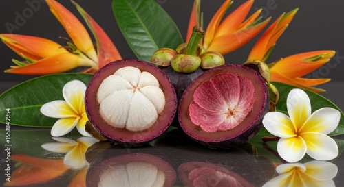 Freshly Cut Mangosteen Fruit Surrounded by Exotic Flowers and Green Leaves on a Glossy Surface