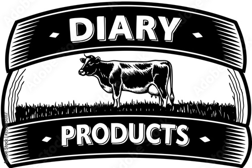 Black and white vintage dairy products logo design featuring a cow on a farm theme suitable for branding.