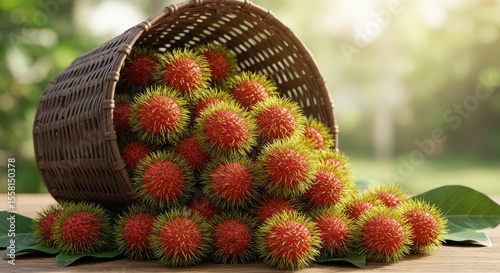 Freshly Harvested Rambutan Fruits Spilling from a Basket on Natural Green Background