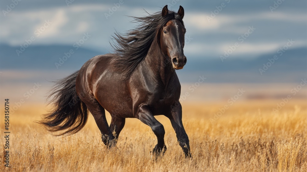 Fototapeta premium A powerful black horse runs swiftly through tall golden grass under a bright sky. The setting sun casts a warm glow, highlighting its beautiful mane and dynamic movement.