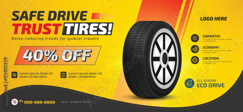 Tire shop banner template with discount offer, auto repair shop banner design