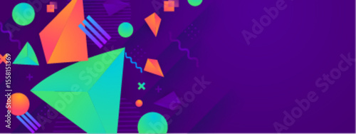 Vibrant geometric shapes on a purple background. Suitable for backgrounds, posters, web designs, and colorful artistic projects needing a modern touch.