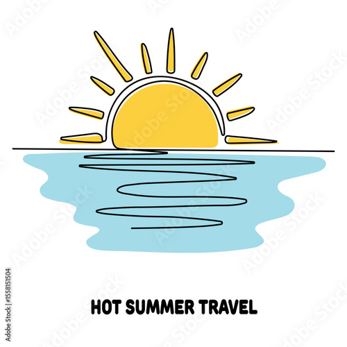 Minimalist one-line drawing illustration of a hot summer travel scene. A bright yellow sun with rays rises over calm blue water, with subtle line reflections. Caption below reads "Hot Summer Travel". 