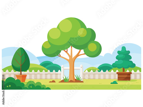 Vibrant cartoon backyard scene with trees bushes and a white picket fence isolated on white background
