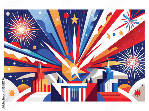 Vibrant abstract celebration of independence day with fireworks and cityscape isolated on white background
