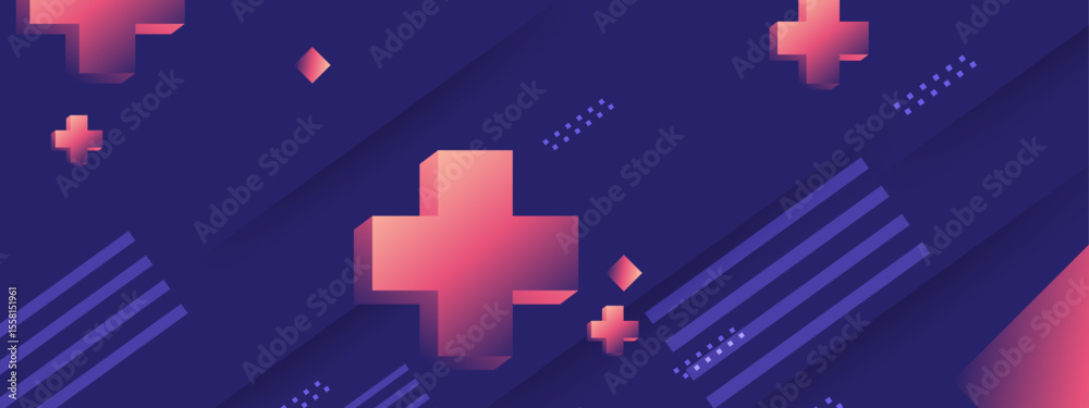Fototapeta premium Abstract pink and purple plus symbols create a vibrant design on a dark background. Suitable for technology or social media concepts.