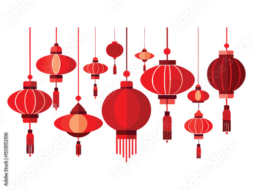 Collection of traditional red chinese paper lanterns with tassels hanging isolated on white background
