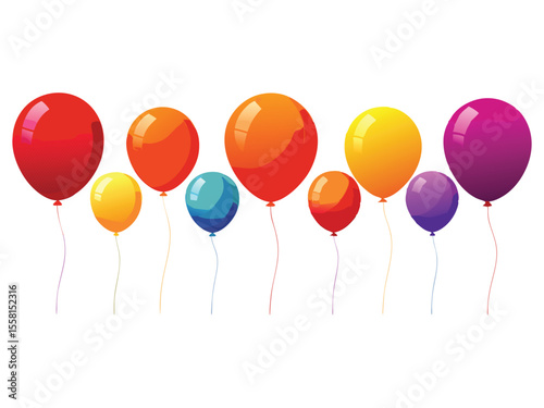A vibrant collection of colorful balloons floating upwards against a clean white background isolated on white background
