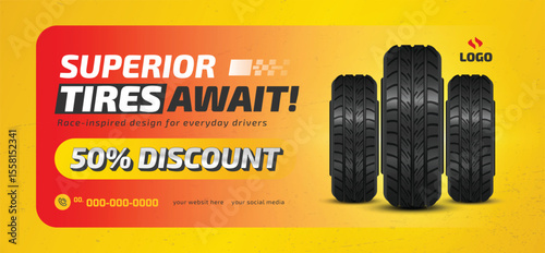 Tire shop banner template with discount offer, auto repair shop banner design