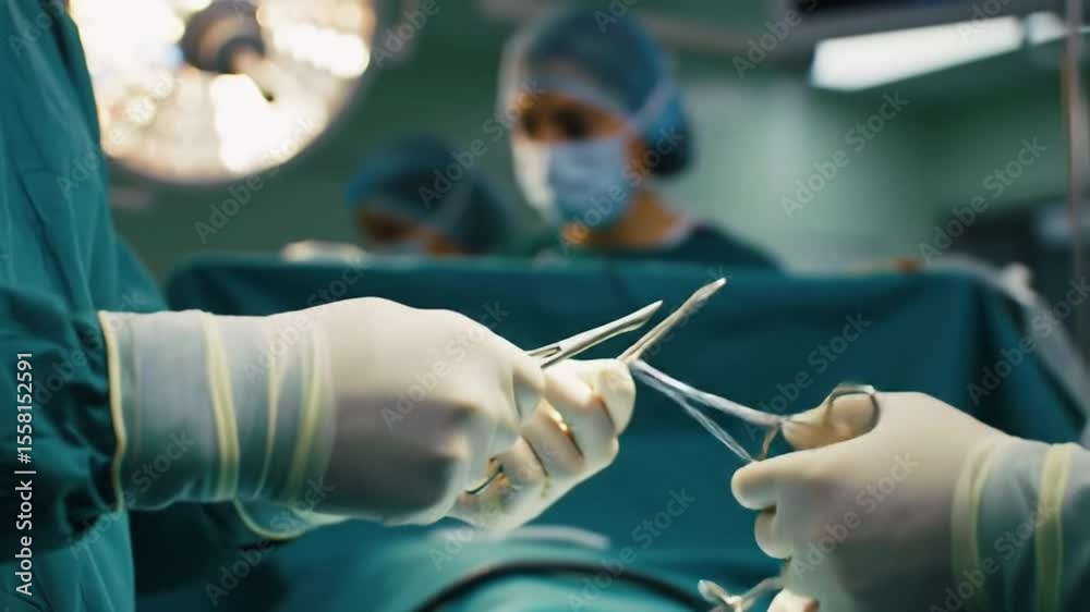 Surgeon Hands Passing Surgical Instrument in Operating Room