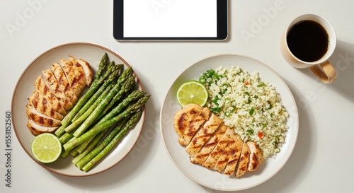 Healthy Meal with Grilled Chicken, Asparagus, Rice, Lime, Coffee and Tablet on Neutral Table Background