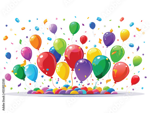 A vibrant assortment of colorful balloons and confetti floating upwards isolated on white background
