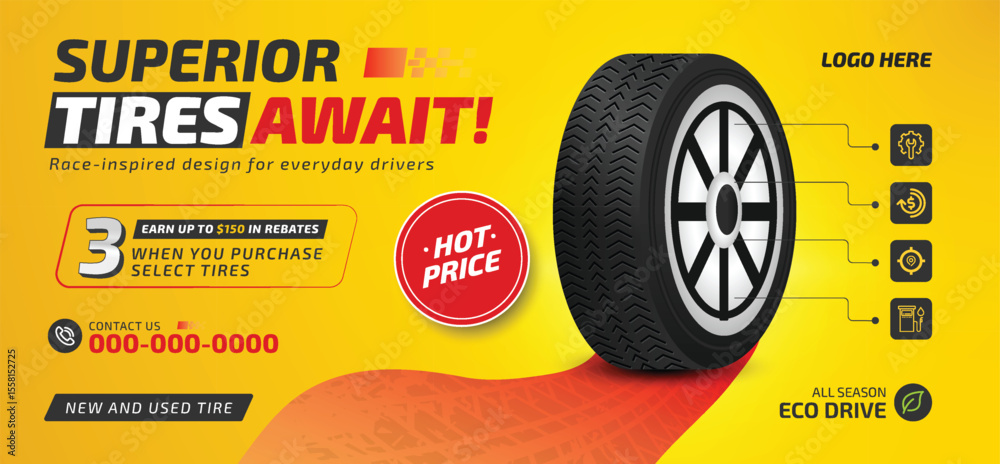Φωτογραφία Tire shop banner template with discount offer, auto repair shop banner design