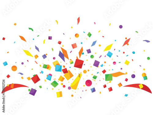 Explosion of colorful confetti and streamers scattered across a clean white background isolated on white background
