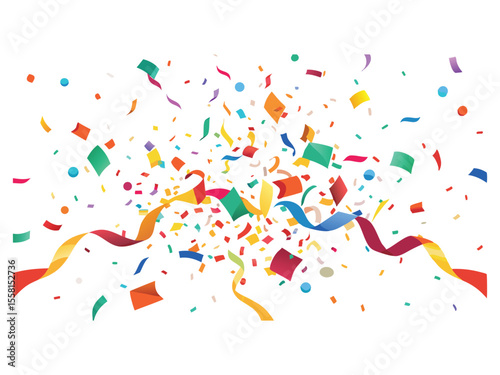 Explosion of colorful confetti and ribbons falling down isolated on white background
