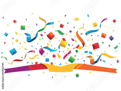 Festive confetti and ribbons exploding in a celebration isolated on white background
