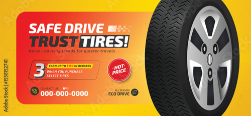 Tire shop banner template with discount offer, auto repair shop banner design