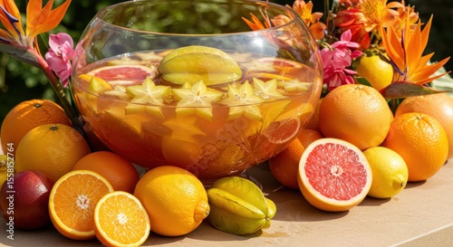 Refreshing Fruit Punch Bowl with Citrus Fruits and Tropical Flowers for Summer Celebration
