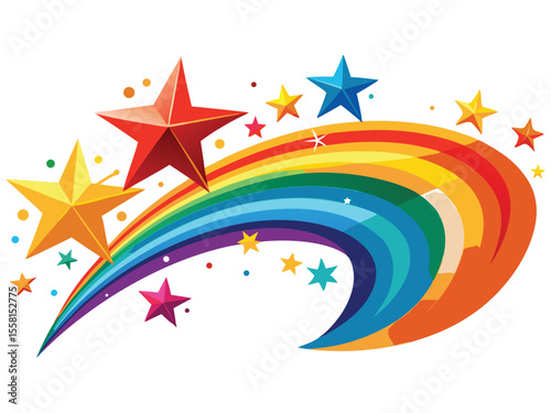 Colorful rainbow swirl with stars and dots isolated on white background
