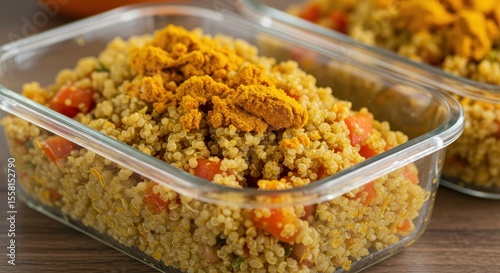 Healthy Quinoa Dish with Fresh Vegetables and Vibrant Turmeric Spice Garnish