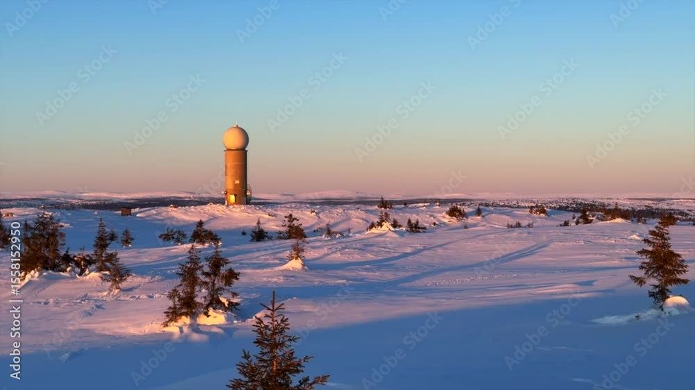Weather station Øyer mountain valley Lillehammer Hafjell Alpine resort Norway Norge remote snowy glacier winter terrain landscape powder golden hour vibrant sunset pine trees deep powder static shot