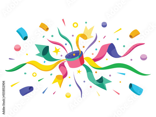 Colorful party popper exploding with streamers confetti and stars isolated on white background
