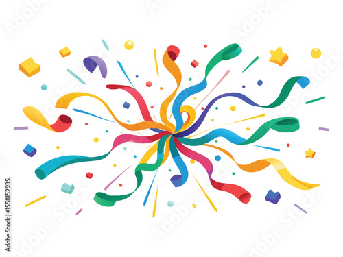 Explosion of colorful confetti streamers and geometric shapes isolated on white background
