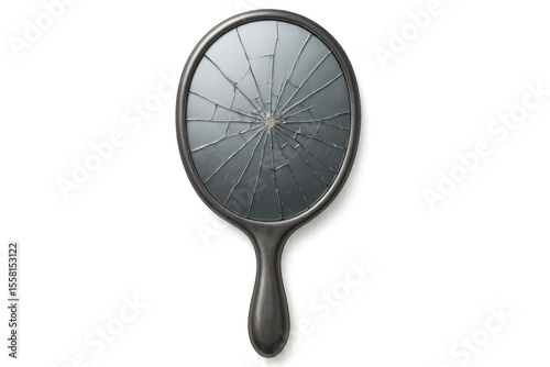 Shattered hand mirror on a transparent background, representing brokenness, loss, and psychological trauma