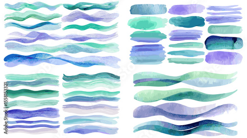 Elegant watercolor brush strokes in cool tones of blue, teal, and green. Perfect for abstract design, textures, highlights, and nature-themed compositions.

